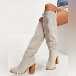 Gray suede knee high boots